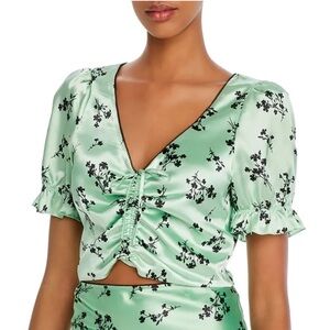 Likely Mona Green Black Satin Floral Cropped Top Size 6 Spring Travel Vacation